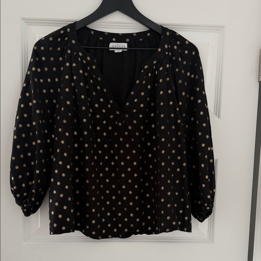 Velvet Women's Black Blouse with Gold Dots